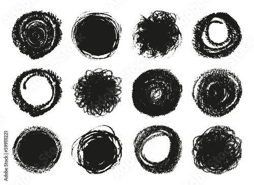 Charcoal hand drawn circles set, round design elements isolated on white background. Abstract black grunge spots. Vector circle shapes as blank stamp, seal, frame, trendy modern background.