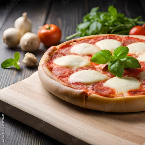 Pizza al forno with cheese dripping on a wooden chopping board - AI generated