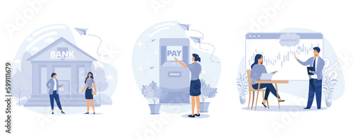 Brick and mortar bank concept, Experienced bank personnel, self-service terminal, personal financial assistant, financial services, set flat vector modern illustration