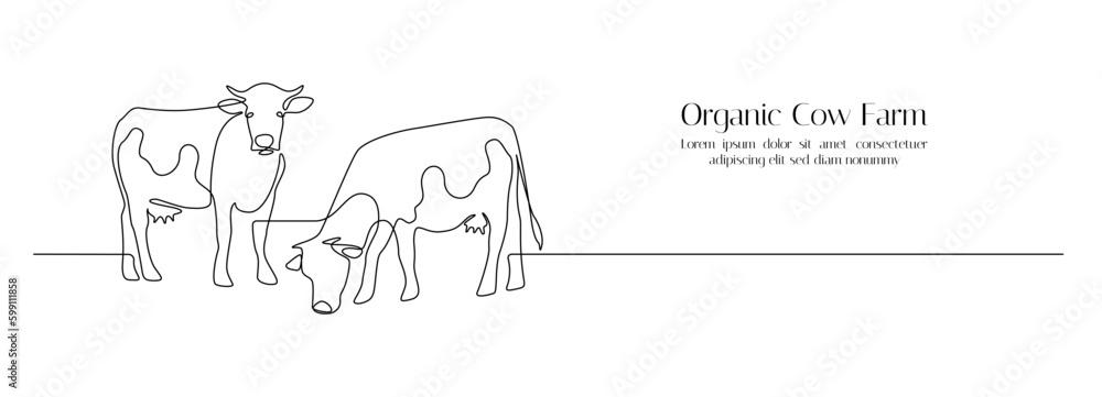 Cows on pasture in One continuous line drawing. Milk calf animal grazing symbol and beef meat farm concept in simple linear style. Editable stroke. Doodle vector illustration Generative AI
