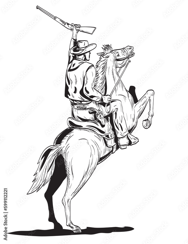 Comics style drawing or illustration of a cowboy holding up rifle riding prancing horse viewed from rear on isolated background done in black and white retro style.
Comics style drawing or illustration of a cowboy holding up rifle riding prancing horse viewed from rear on isolated background done in black and white retro style.