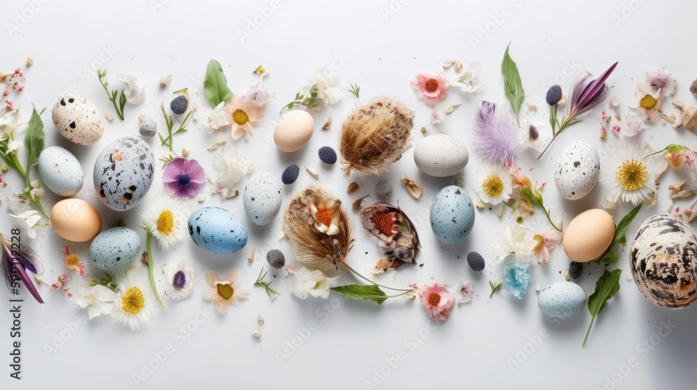 A stunning Easter scene captured from above with colorful quail eggs and delicate blooms on a clean slate, perfect for spring promotion, Generative AI