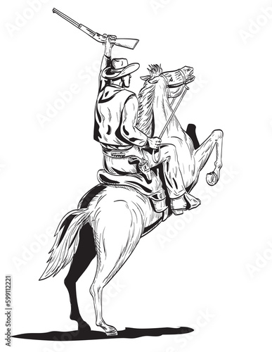 Comics style drawing or illustration of a cowboy holding up rifle riding prancing horse viewed from rear on isolated background done in black and white retro style.
