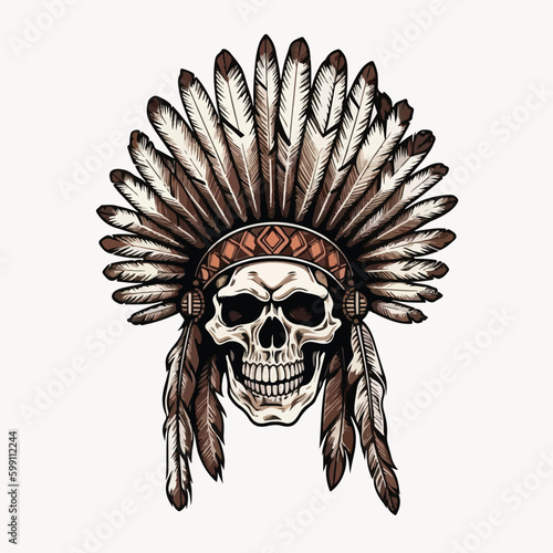 Vector illustration of skull head aborogin apache native american indian face with feather hat traditional ethnic culture
