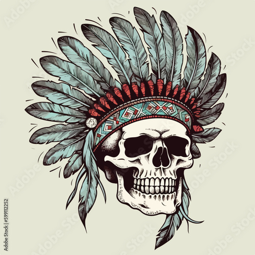 Vector illustration of skull head aborogin apache native american indian face with feather hat traditional ethnic culture