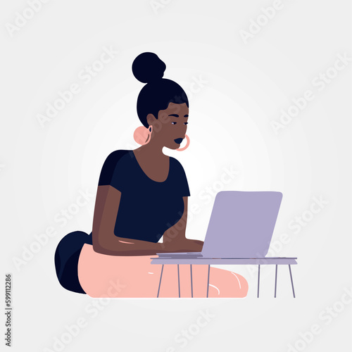 young girl working on her laptop, vector illustration