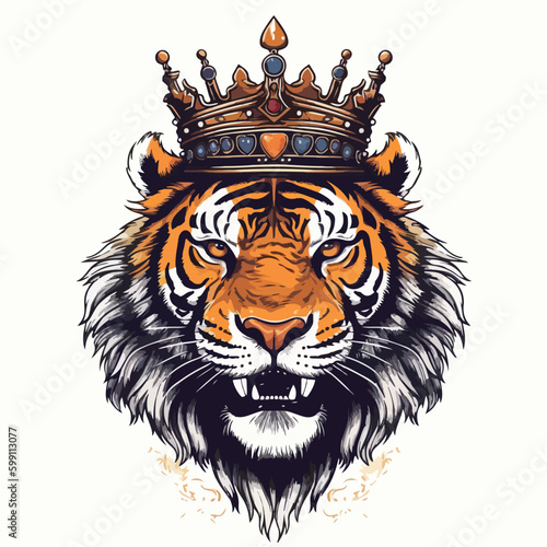 Colorful angry tiger king wearing crown for t-shirt design wallpaper and tattoo concept vector illustration