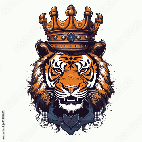 Colorful angry tiger king wearing crown for t-shirt design wallpaper and tattoo concept vector illustration