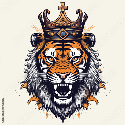 Colorful angry tiger king wearing crown for t-shirt design wallpaper and tattoo concept vector illustration