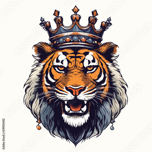 Colorful angry tiger king wearing crown for t-shirt design wallpaper and tattoo concept vector illustration