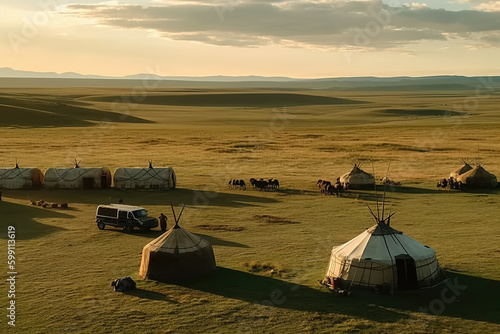 Mongolian bags and cattle and sheep clusters near the grassland Koh Lake