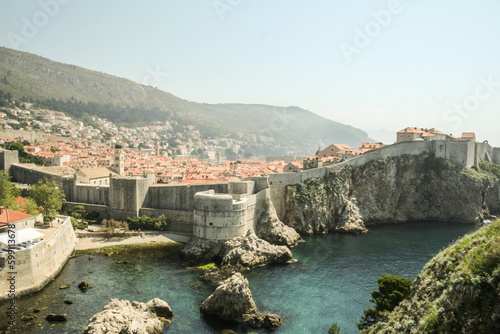 Great Walls of the Old town of Dubrovnik, Croatia, seen from above with the Adriatic see in the background. The place is one of the major hotspots for Croatian tourism