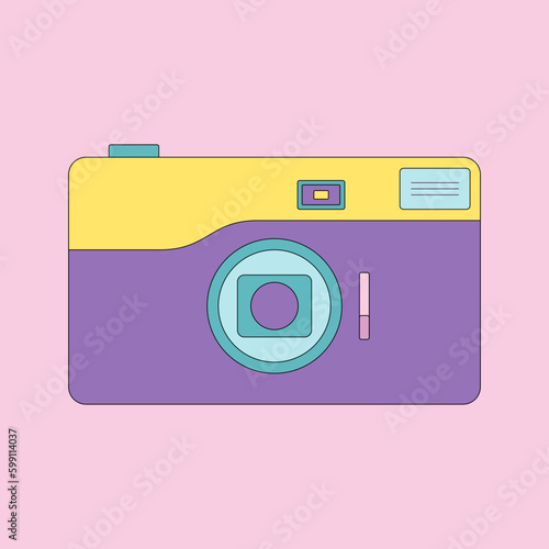 80s-90s vintage photo camera. Retro camera of photographer.  Vector retro flat illustration. Cartoon style.