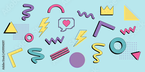 Abstract neo memphis geometric figures. Collection of trendy vector geometric shapes. Memphis design, retro elements from 80-90s. Vector illustration.