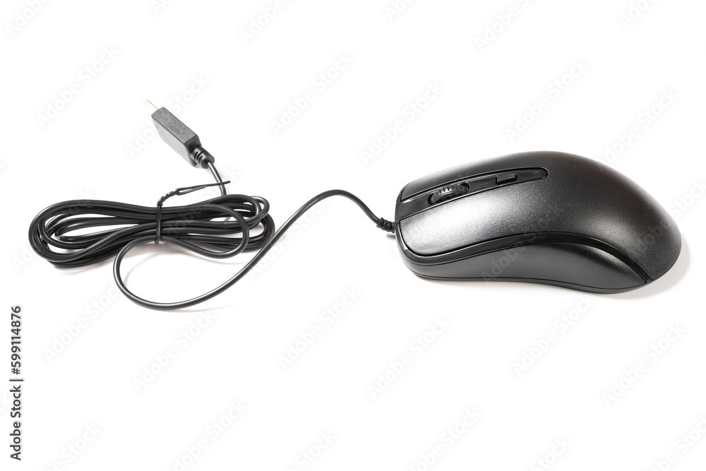 angle view black mouse with cable on white background angle view black mouse with cable on white background