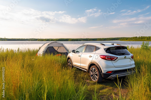 Enjoy the nature in the grass on the lake. Camping summer activities. Adventure travel with cars, tents
