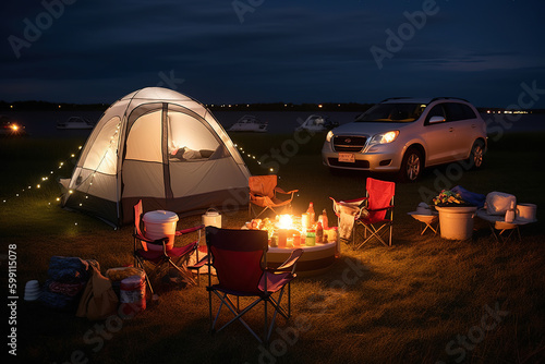 Enjoy the nature in the grass on the lake. Camping summer activities. Adventure travel with cars, tents