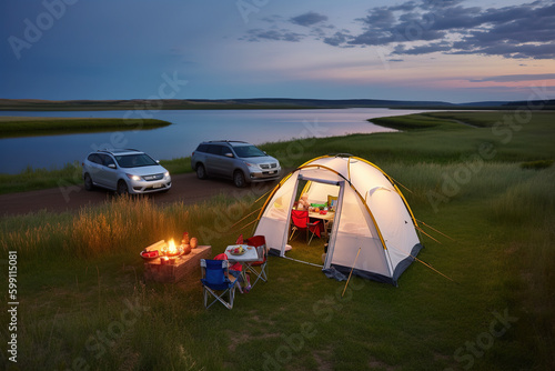 Enjoy the nature in the grass on the lake. Camping summer activities. Adventure travel with cars, tents