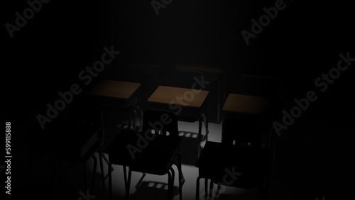 The schoolroom closes up in scattered light in an isometric view.