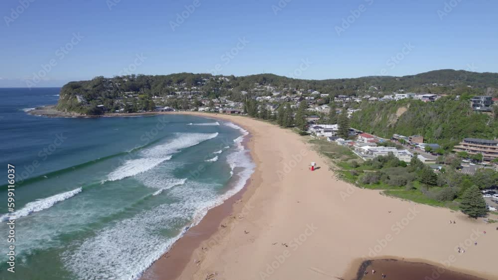 Avoca Beach And Avoca Lake In Central Coast, New South Wales, Australia - aerial drone shot Avoca Beach And Avoca Lake In Central Coast, New South Wales, Australia - aerial drone shot