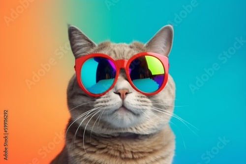 sunglasses portrait animal pet cute neon fashion colourful funny cat. Generative AI.