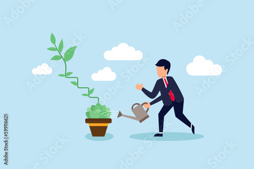 Growth step or career path, job improvement stair or growing investment or stair to success, mentorship concept, businessman watering seedling plant growing up as stair to climb to reach success.