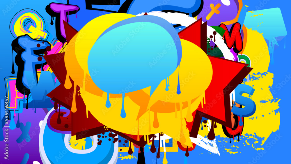 Fototapeta premium Blue Speech Bubble Graffiti with abstract colorful Background. Urban painting style backdrop. Discussion symbol in modern dirty street art decoration.