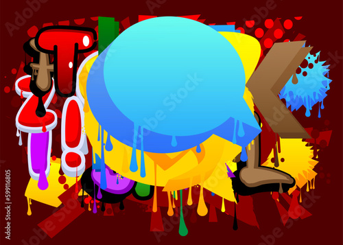 Blue Speech Bubble Graffiti with abstract colorful Background. Urban painting style backdrop. Discussion symbol in modern dirty street art decoration.