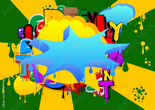 Blue Speech Bubble Graffiti with abstract colorful Background. Urban painting style backdrop. Discussion symbol in modern dirty street art decoration.