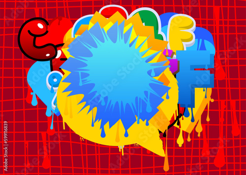 Blue Speech Bubble Graffiti with abstract colorful Background. Urban painting style backdrop. Discussion symbol in modern dirty street art decoration.