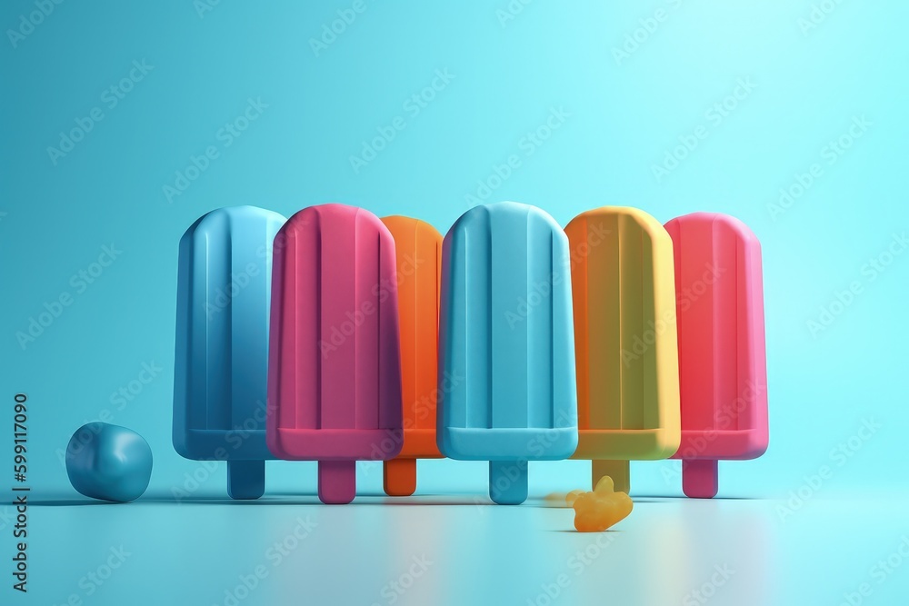Fototapeta premium Colorful popsicles on blue background, digital illustration. Generative AI