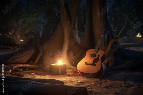 Camping in the woods with guitar and campfire at night, digital illustration. Generative AI