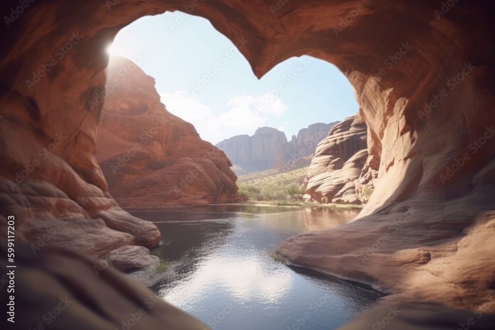 Landscape with heart-shaped stone gateway, river and canyons, digital illustration. Generative AI