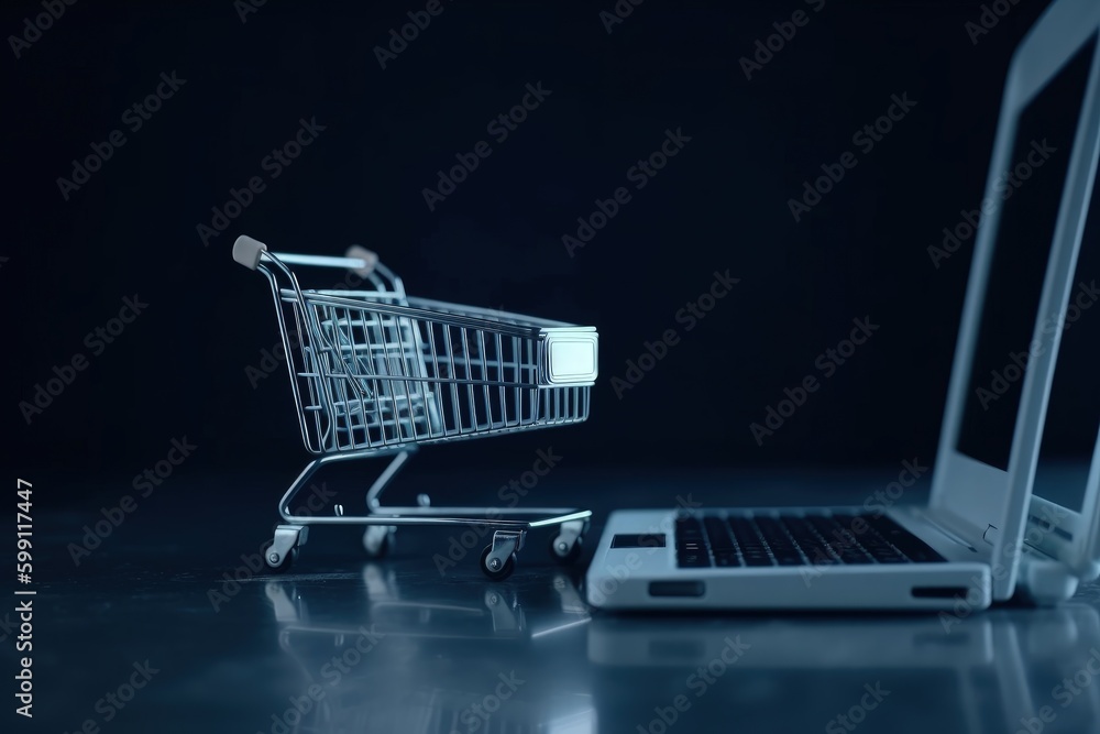 Illustration of shopping cart and laptop, online store concept, blue background. Generative AI Illustration of shopping cart and laptop, online store concept, blue background. Generative AI