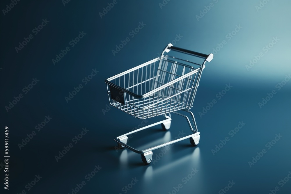 Illustration of shopping cart, online store concept, blue background. Generative AI Illustration of shopping cart, online store concept, blue background. Generative AI