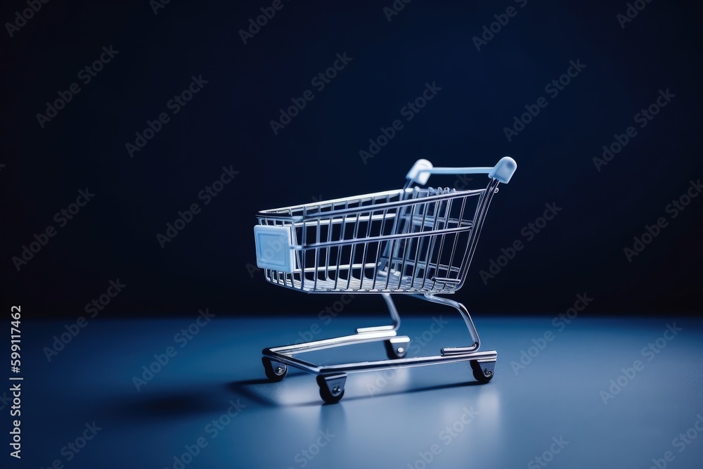 Illustration of shopping cart, online store concept, blue background. Generative AI Illustration of shopping cart, online store concept, blue background. Generative AI