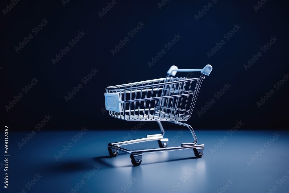 Illustration of shopping cart, online store concept, blue background. Generative AI