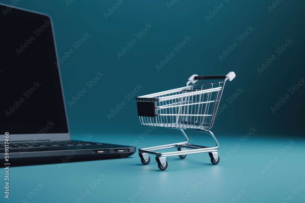 Illustration of shopping cart and laptop, online store concept, blue background. Generative AI