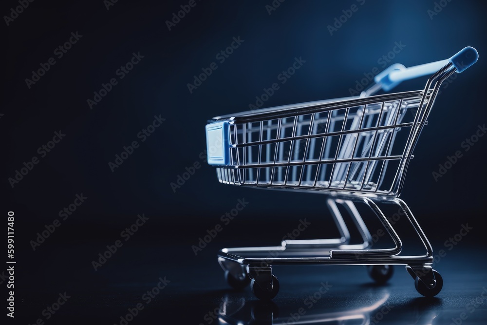 Illustration of shopping cart, online store concept, blue background. Generative AI