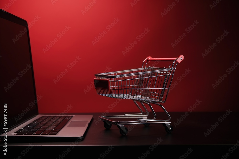 Trolley and laptop illustration, online store concept, red background. Generative AI