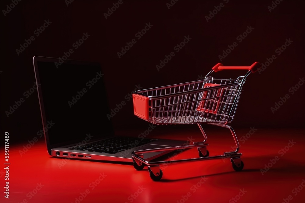 Trolley and laptop illustration, online store concept, red background. Generative AI