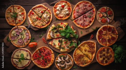 top view of pizza on wood background