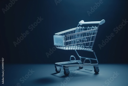 Illustration of shopping cart, online store concept, blue background. Generative AI