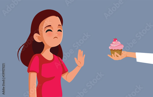 Girl on a Diet Saying no to Sugary Dessert Vector Cartoon Illustration. Young woman refusing to eat thinking about calories being on a weight loss journey 
