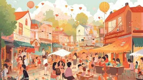  A nostalgic and sentimental summer festival, evoking memories of childhood and simpler times, with small-scale traditional games, street performances, and food stalls illustrations, ai art