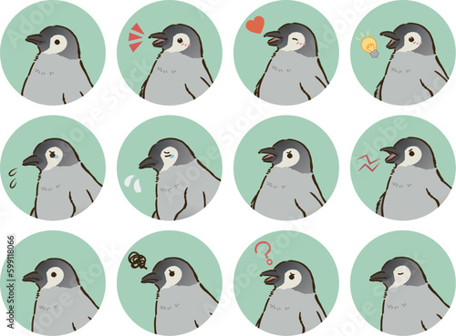 コウテイペンギンのヒナの表情アイコンセット