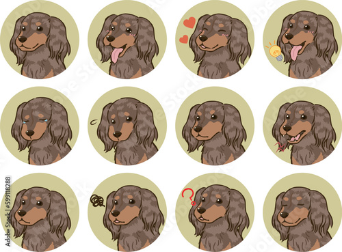 ダックスフンドの表情アイコンセット（ロングコート、チョコダップル）