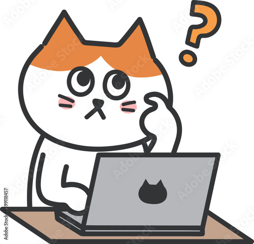Orange tabby cartoon cat wondering something while using a computer, vector illustration.