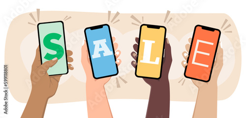 Hands holding mobile phones making the word Sale. Four smartphones with letters on the screens. Online shopping concept. Black friday. Flat style vector illustration.