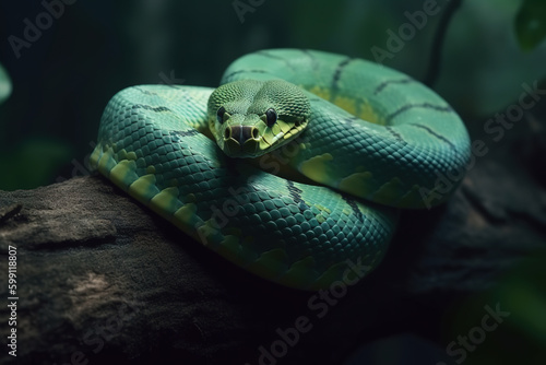 Image of big green snake on the tree. Reptile. Illustration, Generative AI.